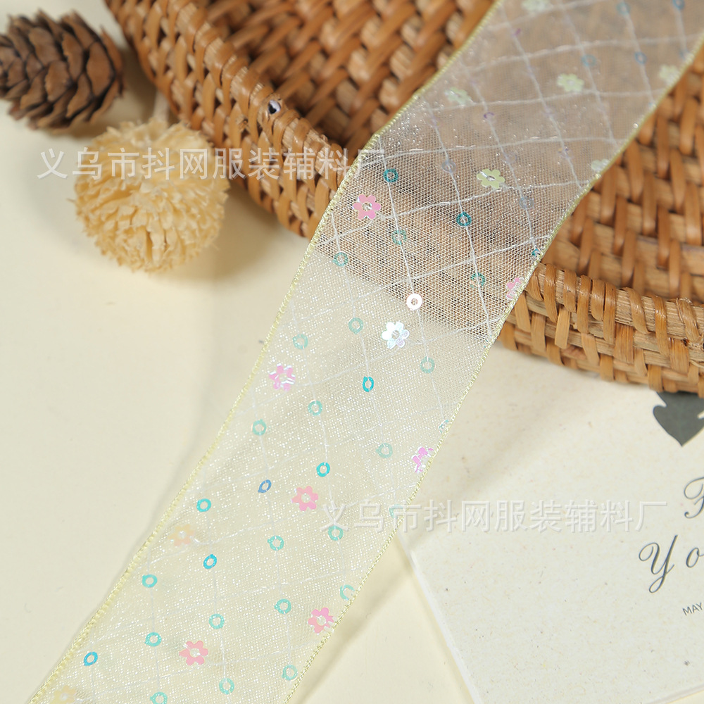 Wholesale of 4cm new grid-printed ribbon sequin children's hair accessory accessories, bow and flower packaging materials Specification image