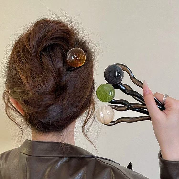 New high-end coconut jelly round ball, retro and simple beaded U-shaped hairpin, acrylic hairpin, updo, headwear and hair clip full figure