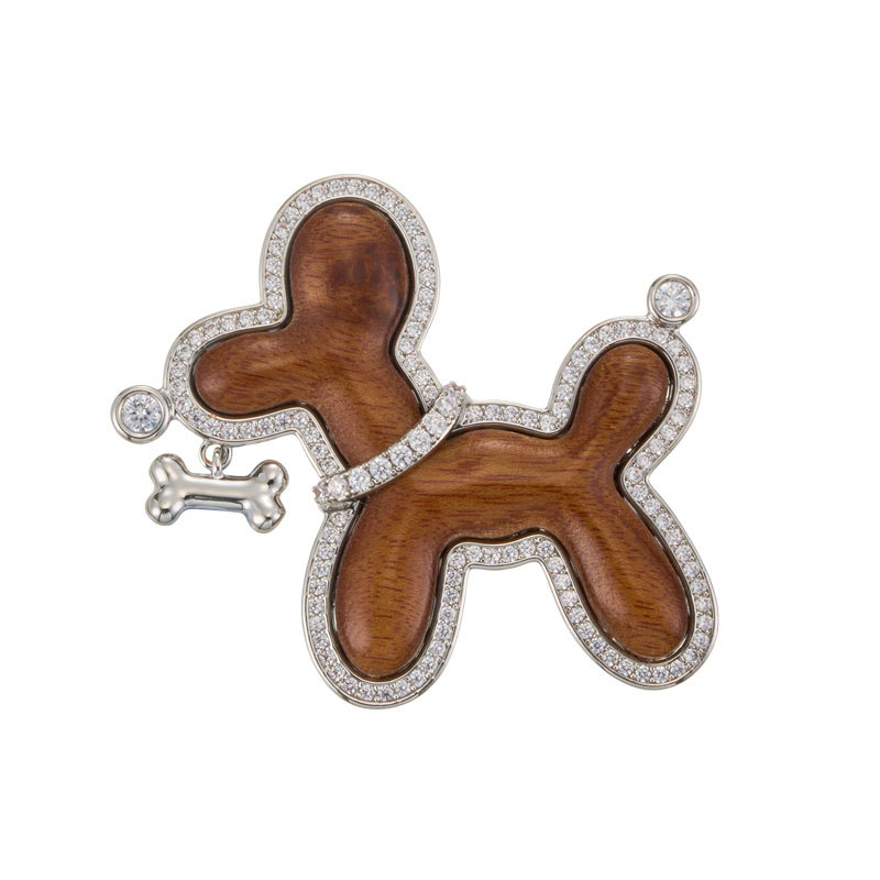Original design, cute wooden puppy brooch, fashionable and high-end copper alloy inlaid zircon pin, best-selling women's clothing accessories Item Picture