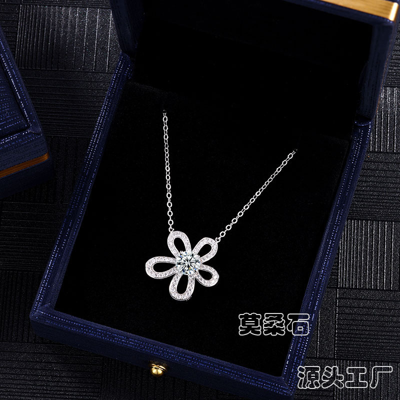 Silver light luxury, niche female full diamond sunflower collarbone chain, popular hollowed-out pendant, moissanite, pure silver camellia details Picture