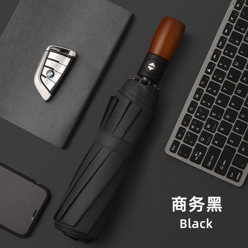 10-bone automatic three-fold umbrella, high-end wooden handle men's business folding umbrella, wind-resistant black rubber gift umbrella, advertising umbrella Application Scenario