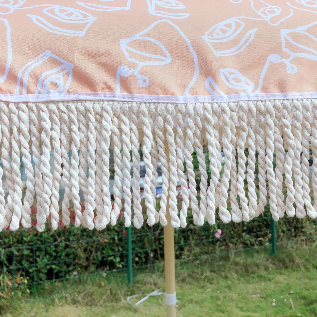 户外2米 流苏涤纶木色伞沙滩伞高品质印花休闲庭院装饰伞防风防雨细节图