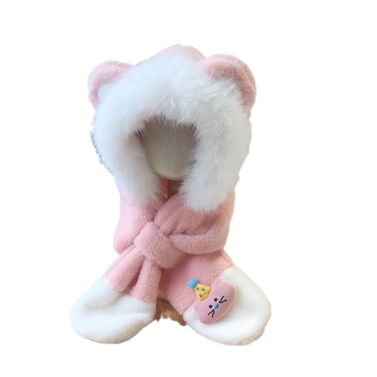 Korean baby winter warm and cute Christmas bear patchwork hat and scarf integrated fleece and thickened ear-protective cap Item Picture