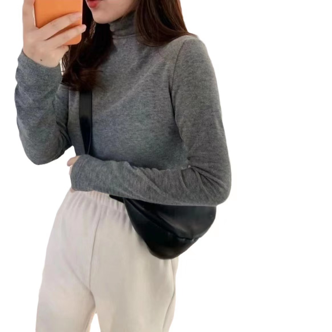 A new semi-high-neck, fleece and pleated slim-fit top for autumn and winter, paired with a brushed, thermostatic, threaded base layer for women Item Picture