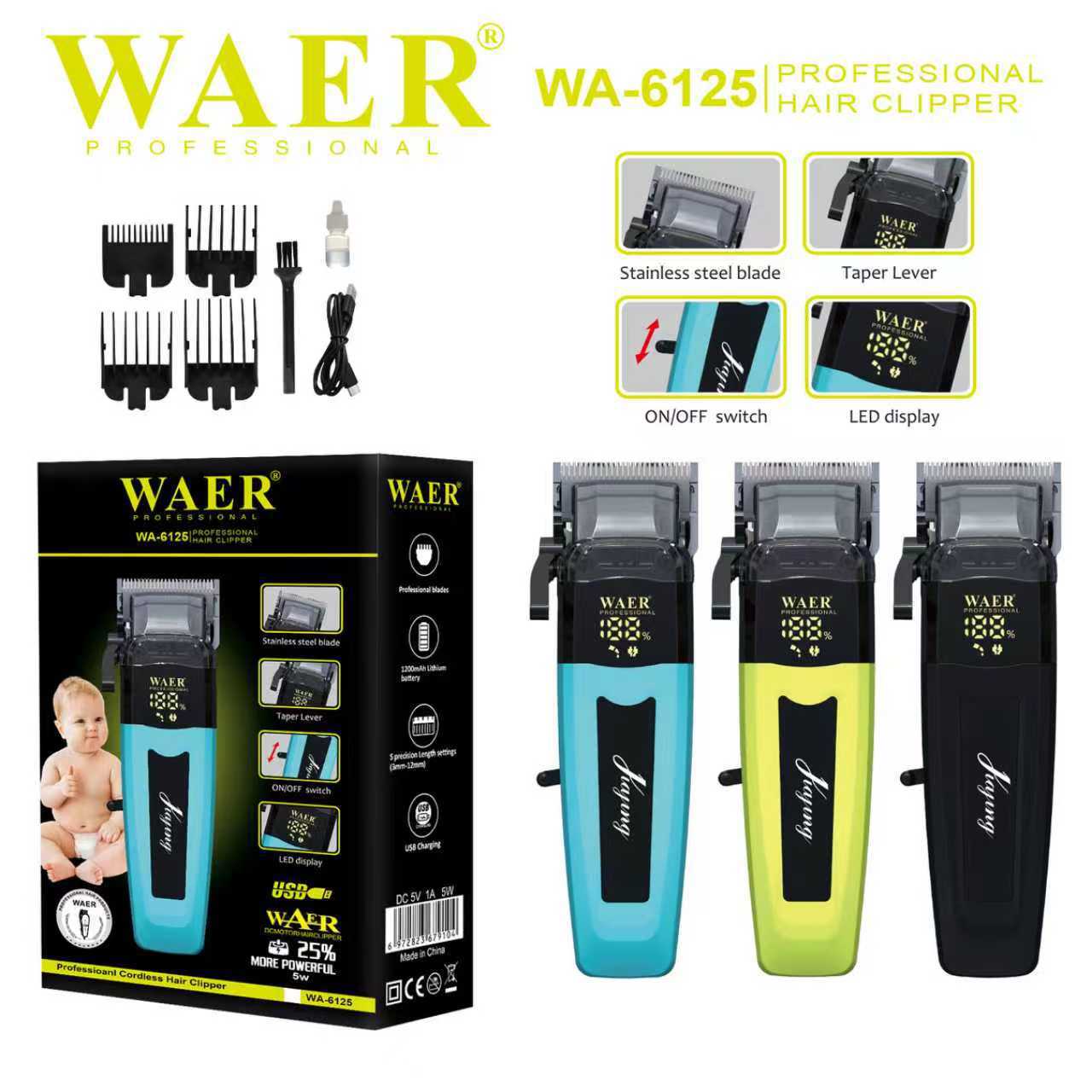 跨境新款WAER佤尔电推剪电动理发器充电理发器批发价高转速电推剪