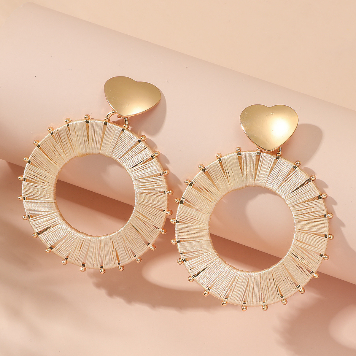 气质手工棉线编织镂空圆形耳环厂家批发精致圆圈小众文艺复古风