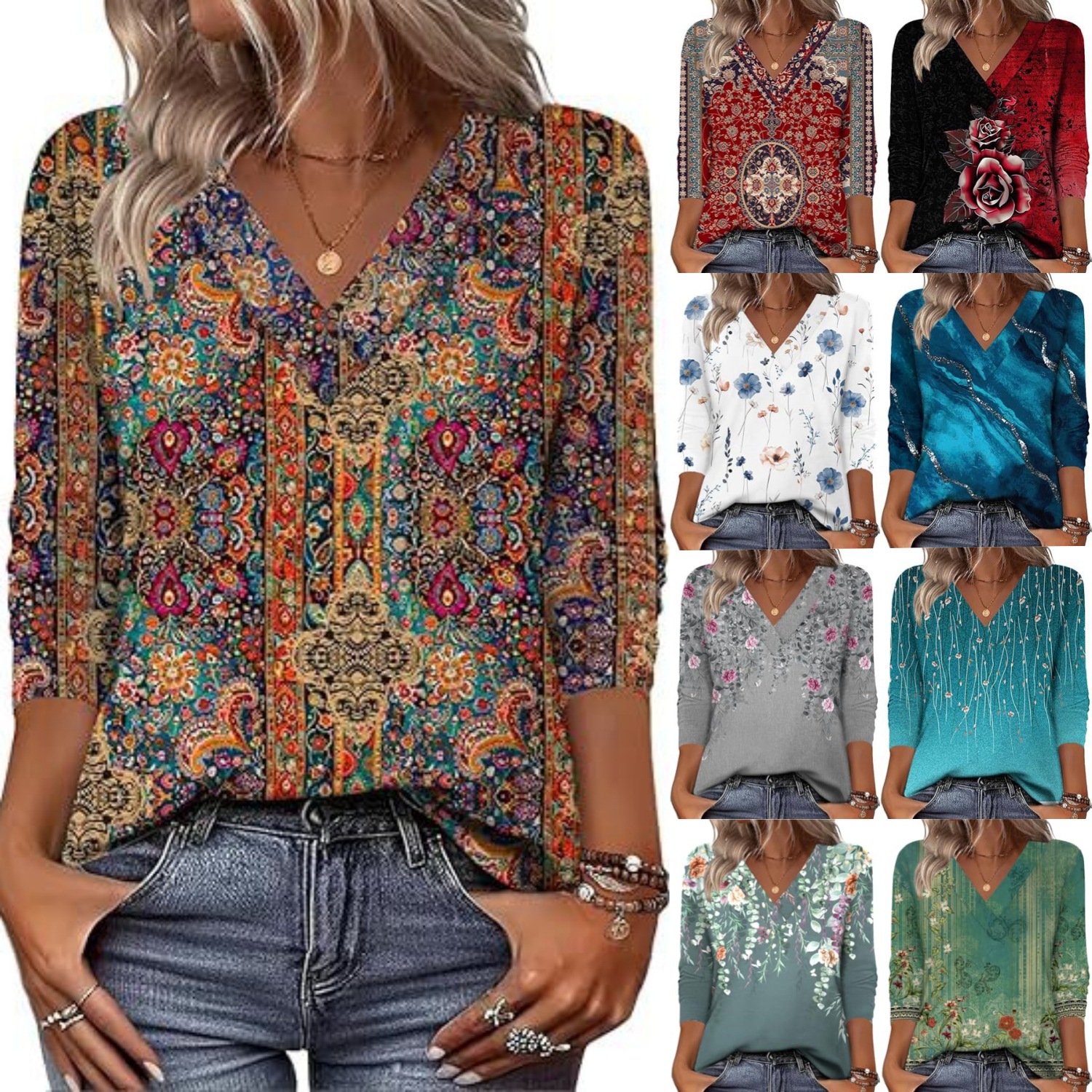 20-color cross-border European and American women's clothing Amazon 2026 autumn loose and casual printed long-sleeved V-neck T-shirt top full figure