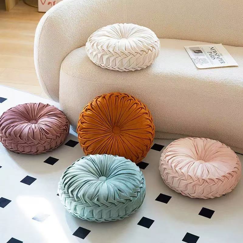 Cross-border light luxury round hand-sewn pleated cushion, Nordic pumpkin wheel throw pillow, tatami bay window round cushion