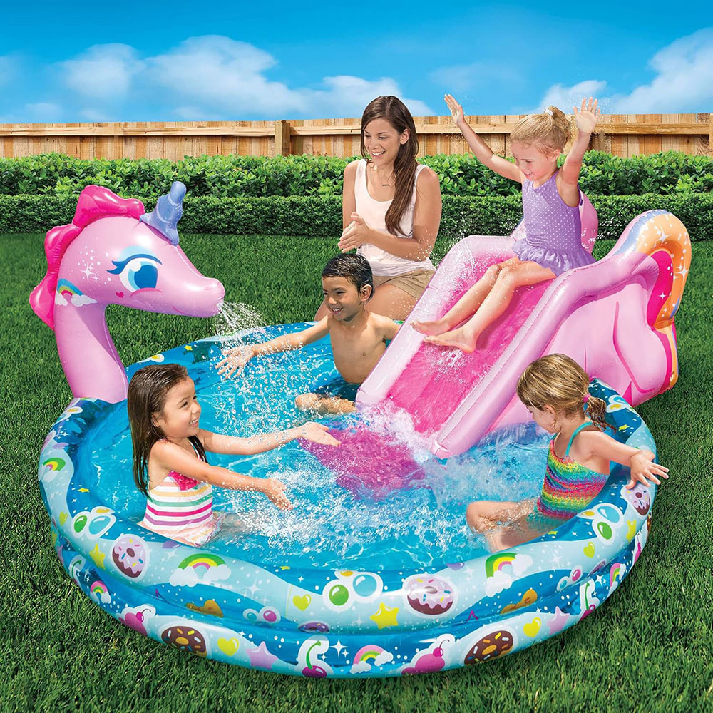 新款水池独角兽泳池戏水池充气组合滑梯喷水池户外儿童戏水玩具