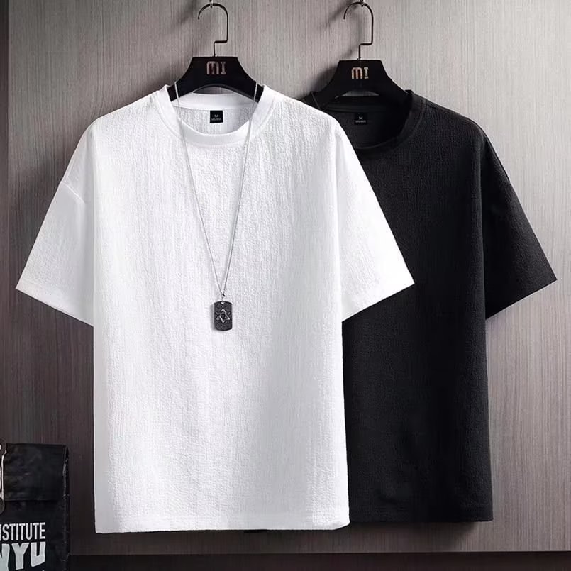 Thin short-sleeved T-shirt for men, new summer style, half-sleeved shirt, cotton and linen solid color loose base layer, white five-quarter sleeve