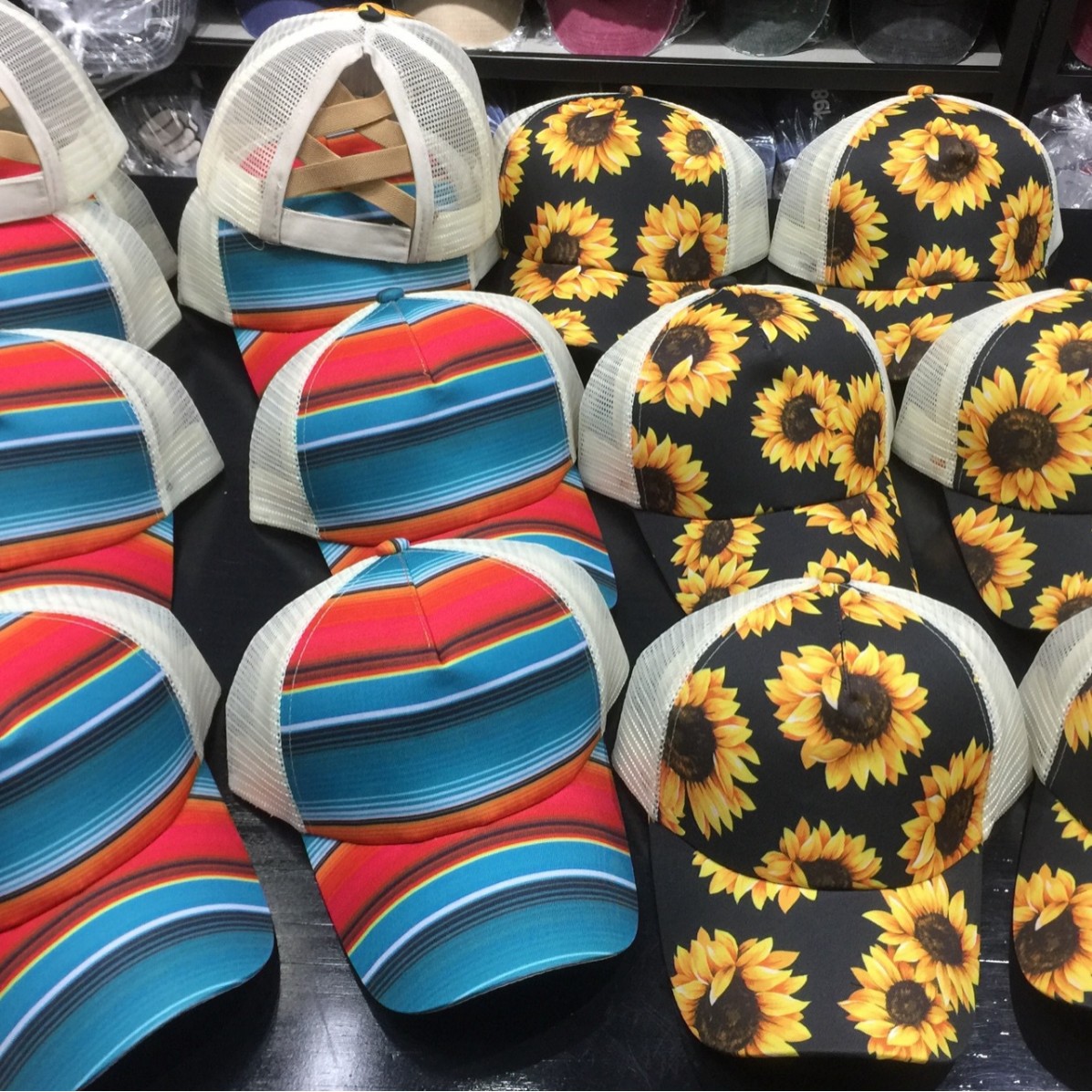 Wholesale of sunflower striped cross elastic net caps, baseball caps, ponytail hair ties, cross-border women's cross caps