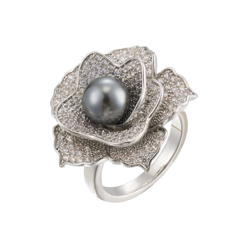 A light luxury and high-end grey pearl camellia open ring, a copper alloy slightly inlaid zircon adjustable index finger ring Item Picture