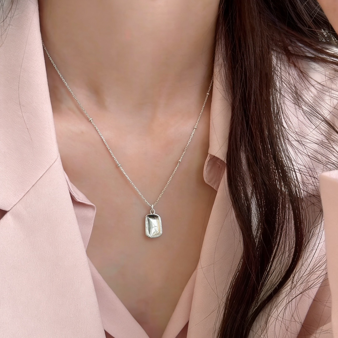 韩系s925纯银3.5简约凹面方牌吊坠项链女小众设计锁骨链颈链配饰