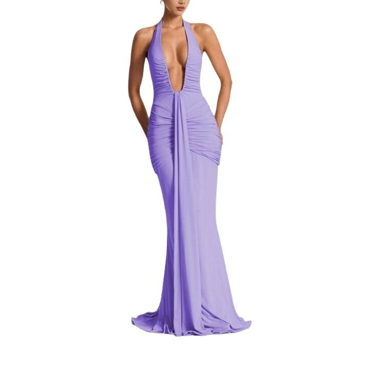 A new solid color elegant halter-neck deep V cinched-waist long dress for cross-border foreign trade, a sexy backless ribbon fishtail dress Item Picture