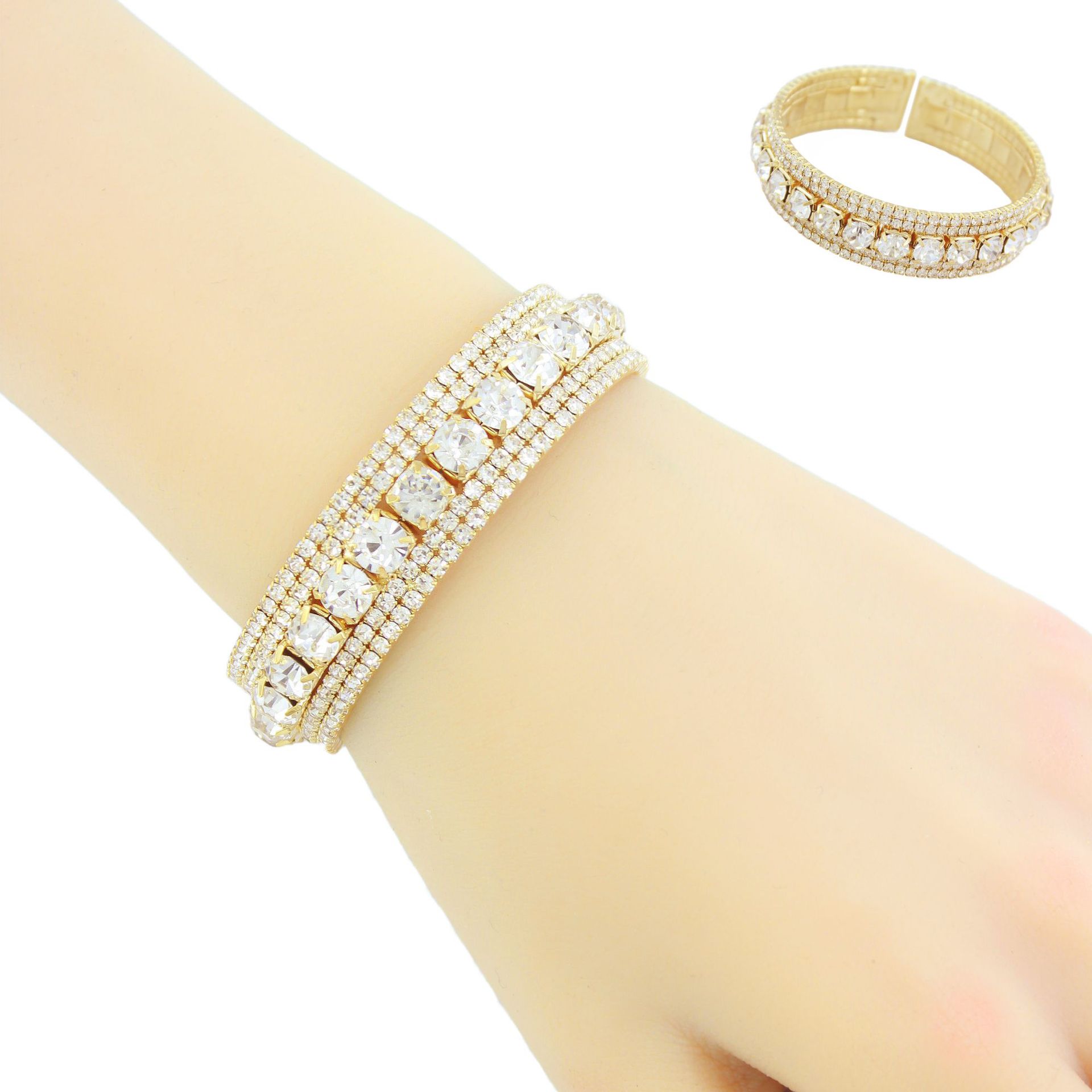 Wholesale of cross-border European and American popular retro open bracelet with dazzling diamonds, 4-row rhinestone claw chain bracelet, exaggerated elasticity and personalized jewelry full figure