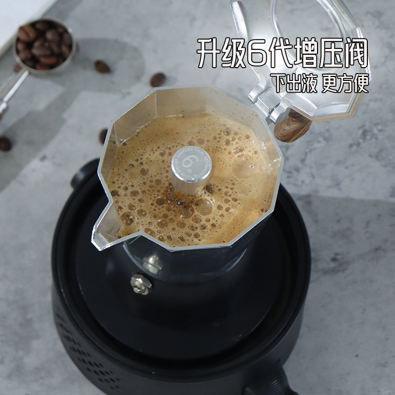 The 6th generation new double-valve Mocha pot, the 3rd generation pressure-increasing valve coffee pot, is a portable hand-cranked Italian coffee maker for home use details Picture
