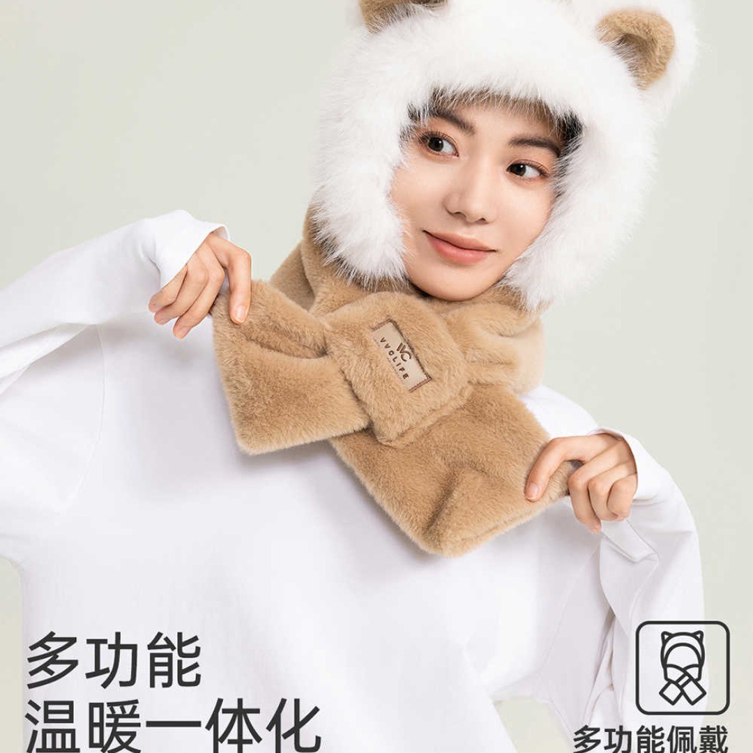 VVC Snow fleece fox warm hat, cute scarf, hat integrated warm scarf, women's autumn and winter thickened fleece, ear protection, trendy Specification image