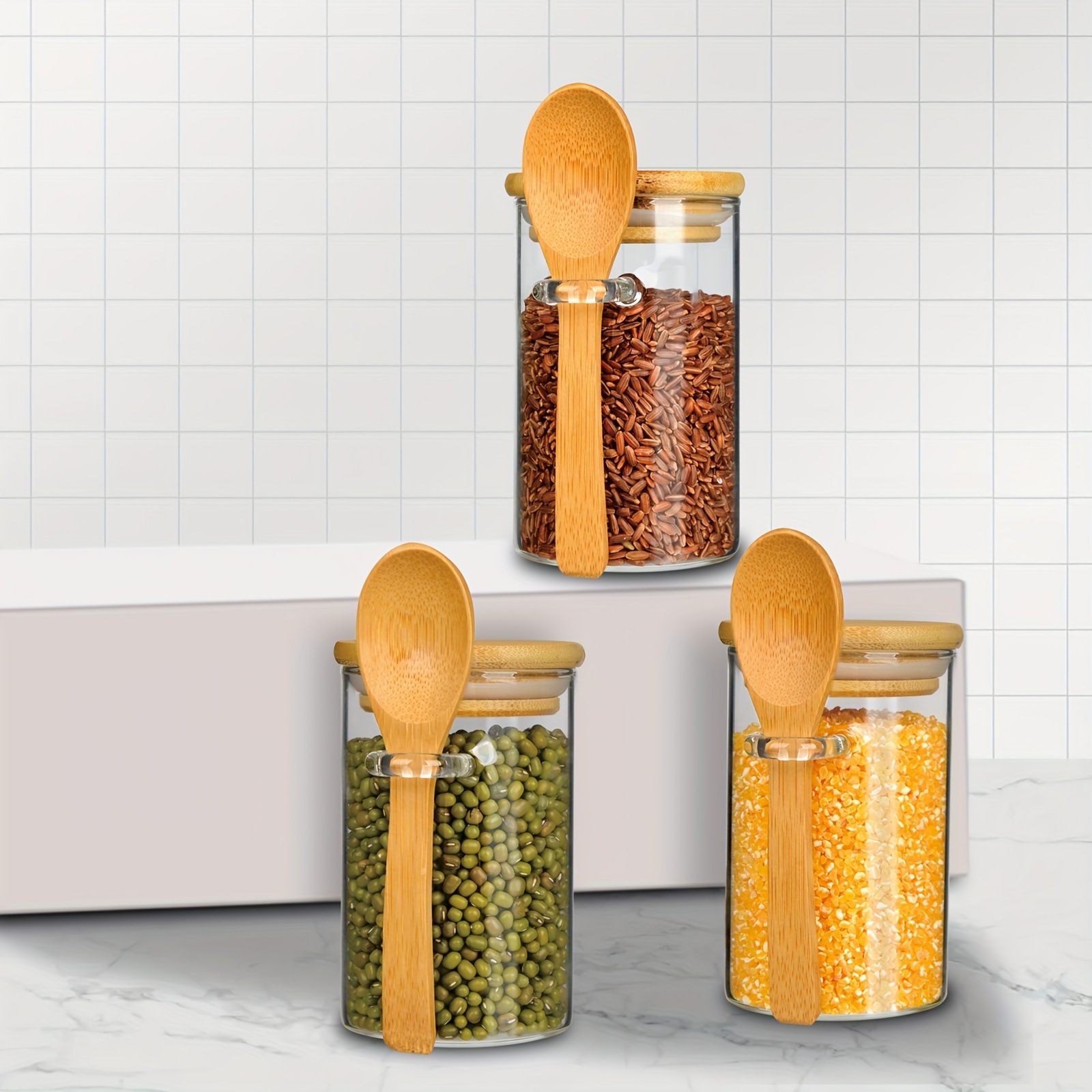 Cross-border round bamboo lid glass jar with spoon, 10-piece set, kitchen grain storage box, transparent storage bottle, seasoning jar details Picture