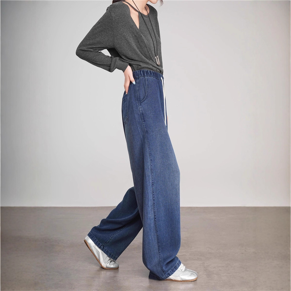 （天丝阔腿牛仔裤）秋季新款复古垂感显瘦百搭系带牛仔裤豆荚裤