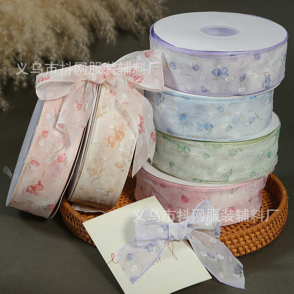 DIY colorful tulip flower snow gauze ribbon, bow hair accessory, printed ribbon, fresh flower material gift box, diy accessories