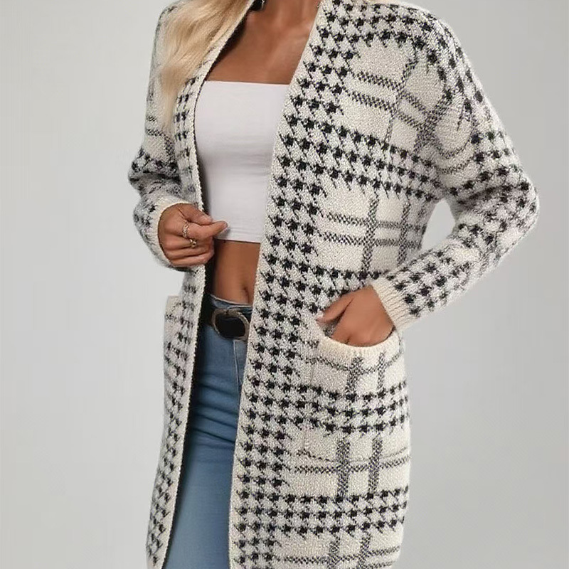 A new cross-border knitted long cardigan with a checkered pattern from Europe and America for the autumn and winter of 2025 Specification image