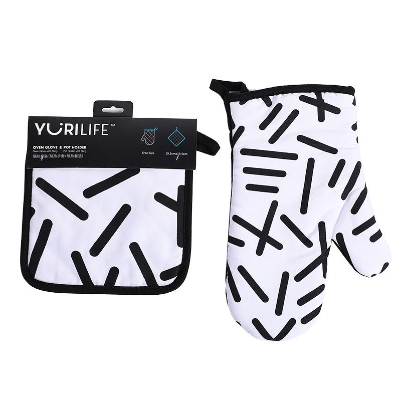 简约厨房微波炉加厚手套隔热烘焙烤箱手ins黑白家用餐垫套装批发白底实物图