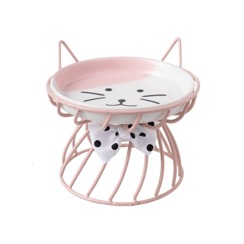 Wow custom cat bowl, ceramic high-legged neck guard, large-mouthed pet food bowl, Garfield cat special flat face bowl snack plate Item Picture