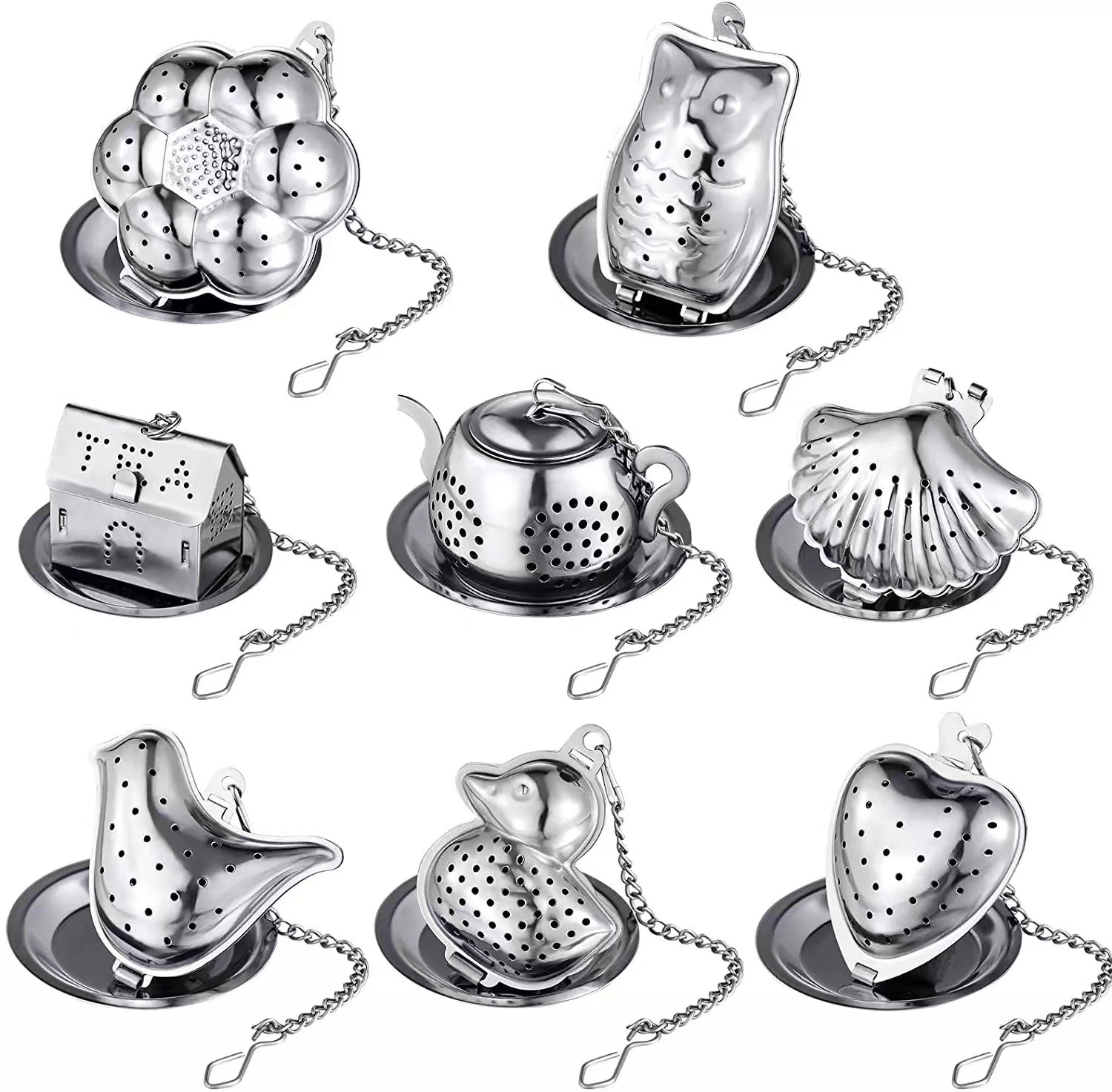 Customized stainless steel chain tea strainer, owl-shaped small teapot, bird-duck-shaped shell-shaped tea filter, creative tea brewing device