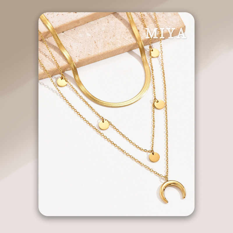 简约时尚不锈钢三层叠戴锁骨链月亮吊坠百搭设计双层圆片钛钢项链