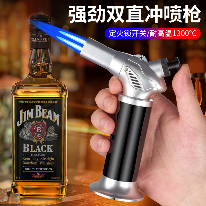 充气雪茄艾灸喷枪打火机防风双直冲点火器丁烷高温烧烤点烟喷火 枪