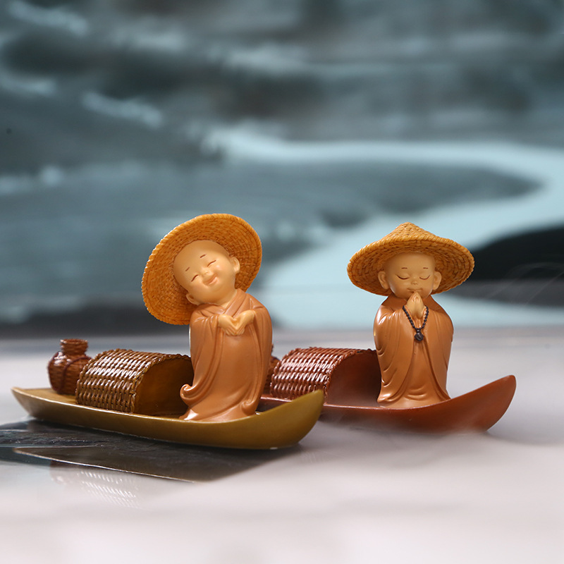 创意卡通小和尚线香摆件桌面办公装饰摆件中式渡船设计树脂工艺品