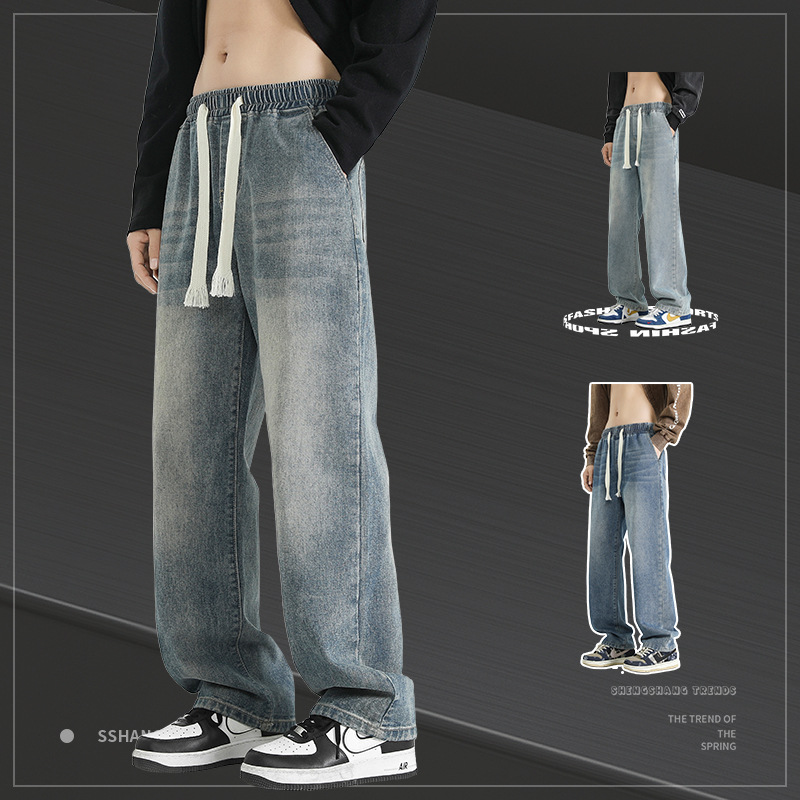 Grey Whale's autumn men's wear: Soft denim men's loose casual trousers, American high street drape wide-leg straight-leg pants details Picture