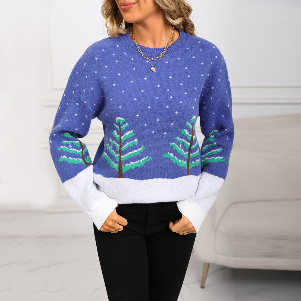 New autumn and winter blue sweater, jacquard long-sleeved round-neck Christmas knitted sweater, New Year Christmas tree pullover, casual sweater Application Scenario