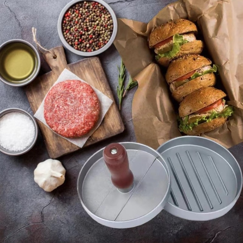 Aluminum wooden-handled hamburger Patty press, Patty press plate, round Patty mold, kitchen hamburger Patty press, cross-border special supply Application Scenario