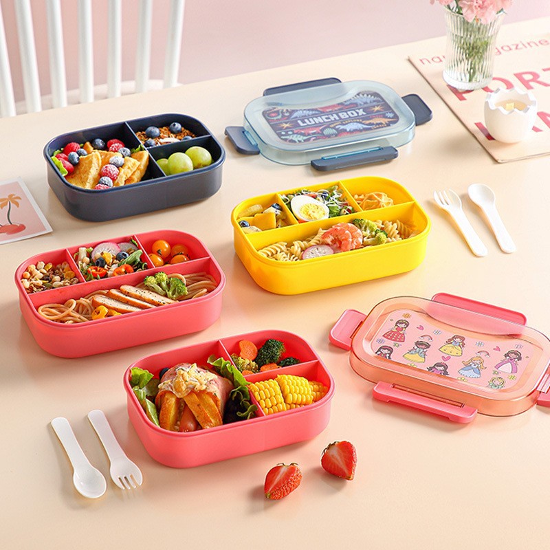 Cross-border office worker cartoon lunch box, microwave oven with spoon and fork sealed plastic lunch box, student portable compartments lunch box