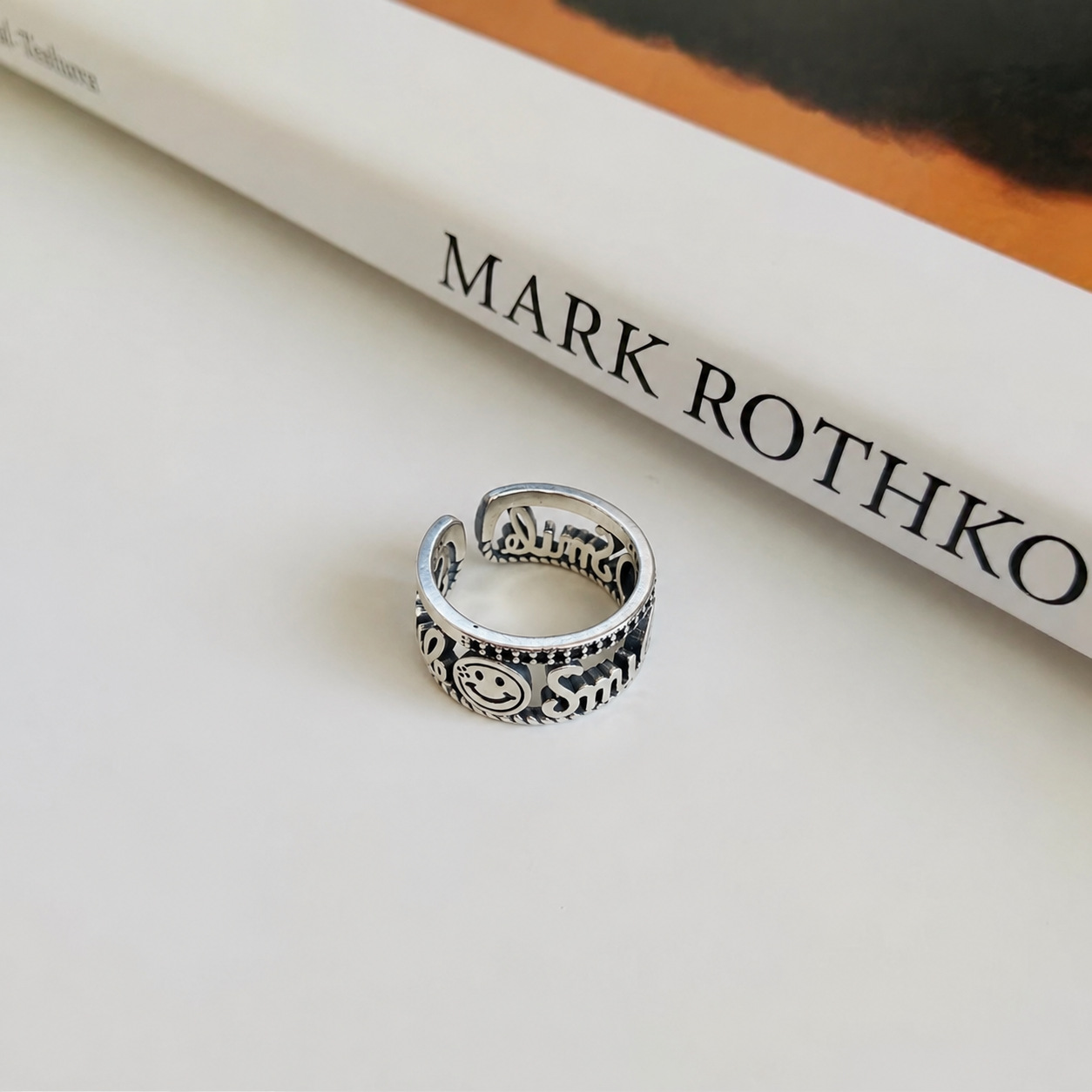 S925 sterling silver retro aged letter smile smiling face ring wide, niche and versatile open index finger silver ring details Picture