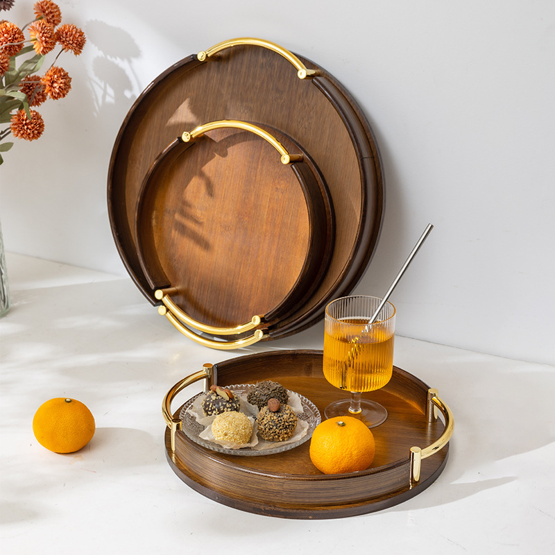 Simple round tea set tray with handle, high-end bamboo tea tray for home use, restaurant and kitchen, pastry and fruit tray details Picture