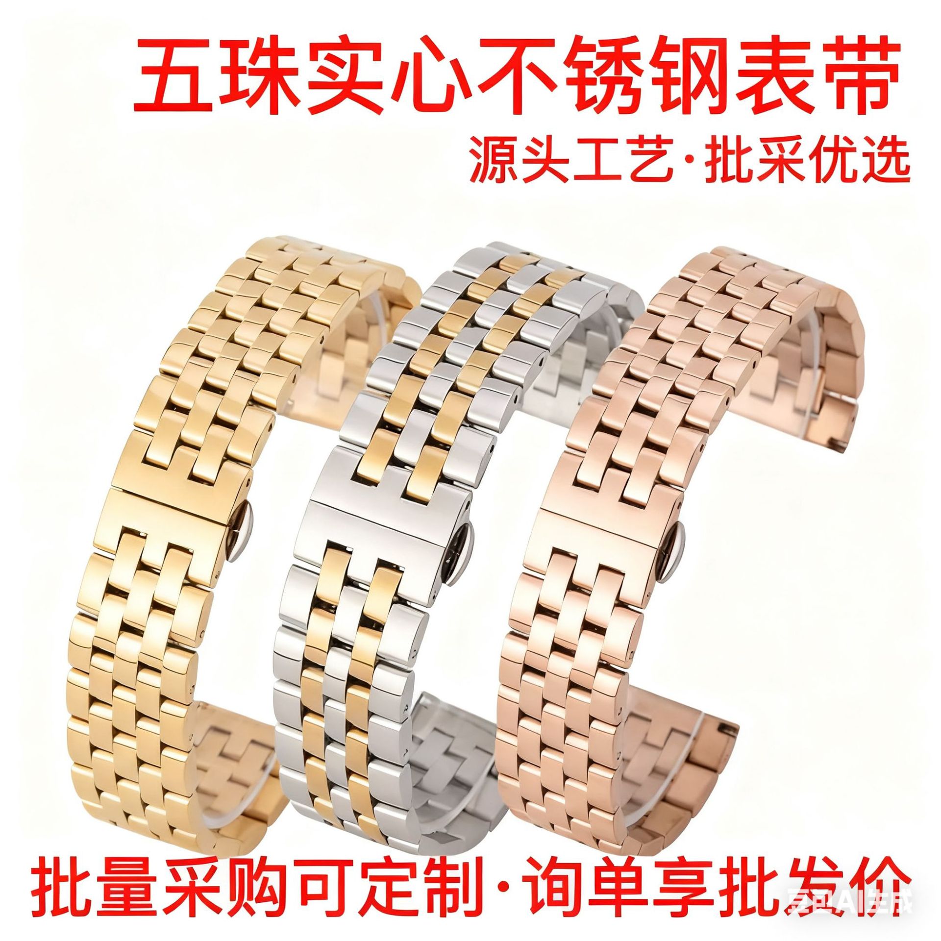 厂家直销五珠MD款实心不锈钢表带蝴蝶扣手表带批发