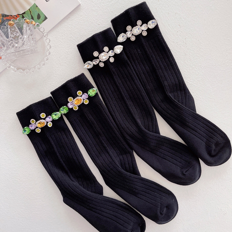 Hand-sewn water diamond socks, heavy industry spring and autumn mid-calf socks, pure cotton socks, women's Instagram trendy and versatile calf long socks, versatile style details Picture