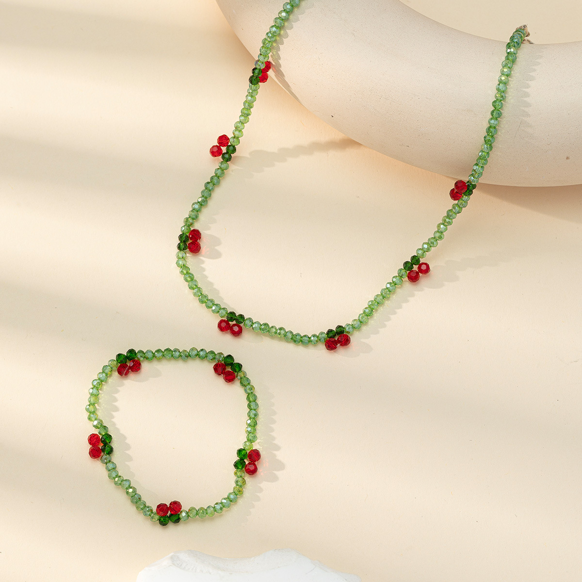 Korean-style fashionable beaded crystal cherry flower necklace bracelet, woven neck chain, collarbone chain, women's fruit elements Specification image