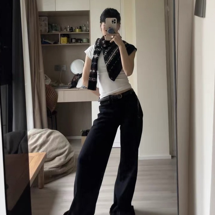New simple and casual style, versatile wide-waist, slimming black loose wide-leg jeans for women 3048 Specification image