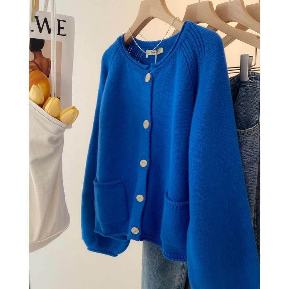 Sanlida Dikailin blue knitted cardigan sweater jacket for women's early spring, with a unique design sense and blue lantern sleeves details Picture