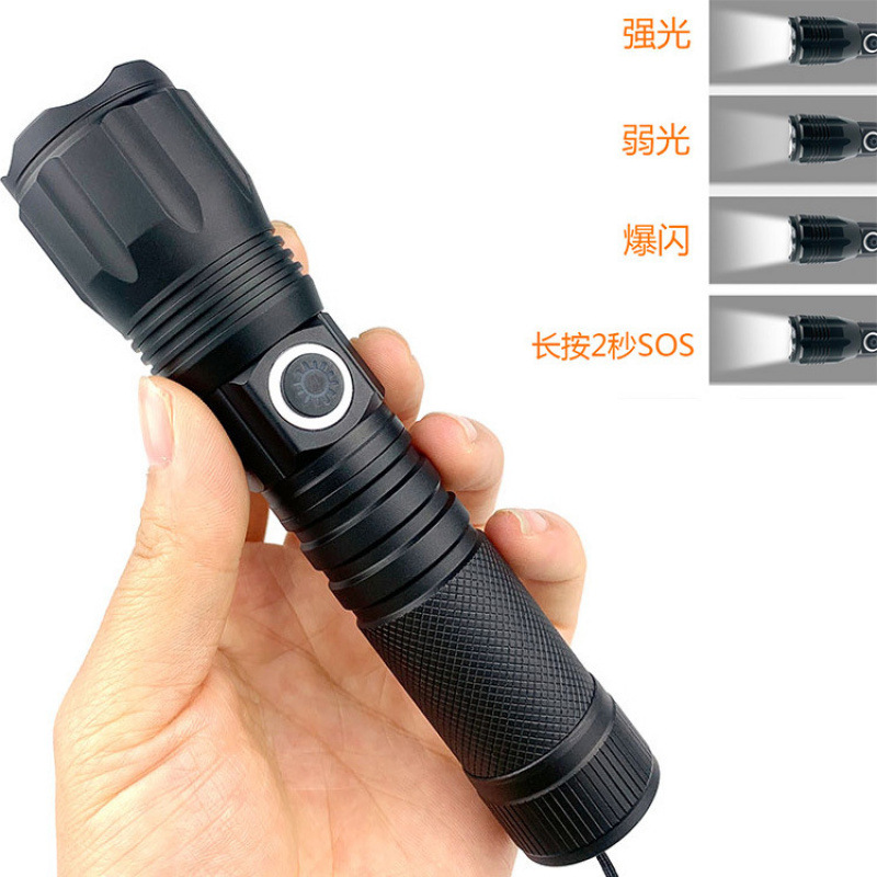 跨境新款P50手电筒强光type-c充电量显示手电筒USB充电变焦探照灯白底实物图