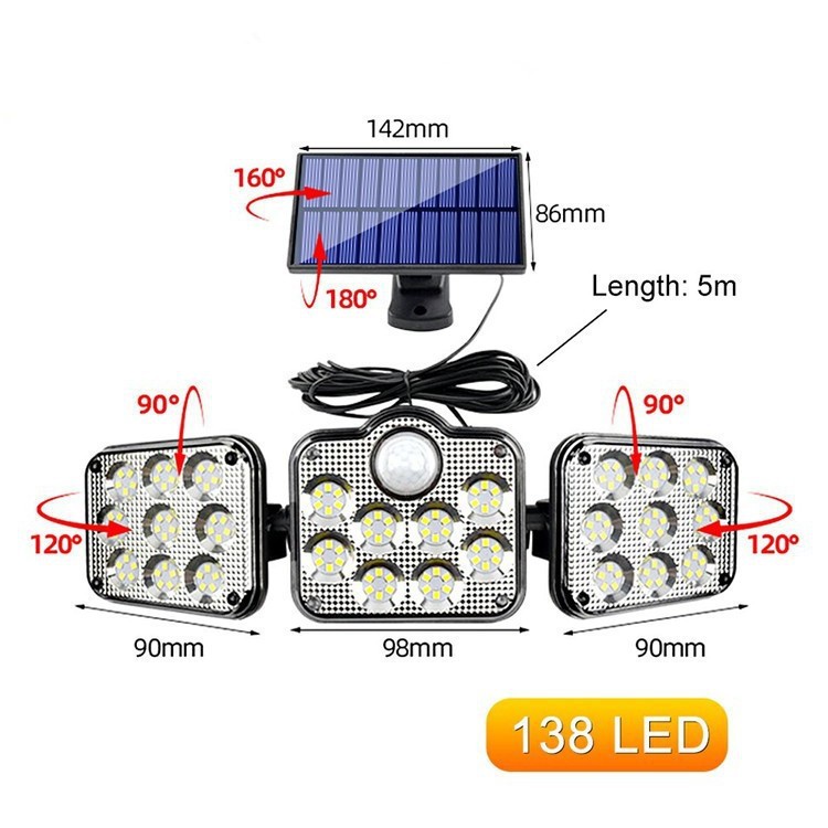 138LED three-head sensor wall lamp, split outdoor courtyard lamp, garden lamp, outdoor waterproof street lamp, intelligent dimming details Picture