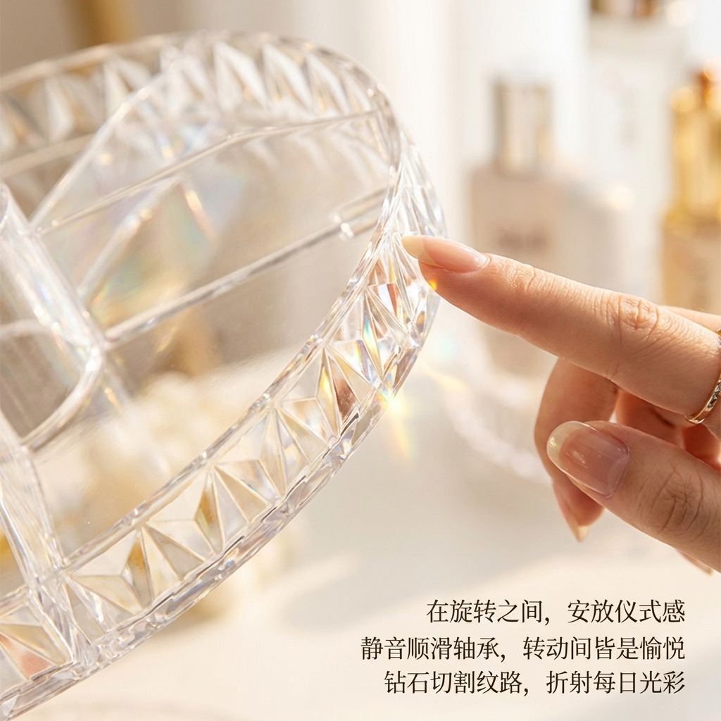 Cross-border rotating cosmetics storage box, shelf, transparent acrylic dormitory desk, skin care products, dressing table, lipstick Application Scenario