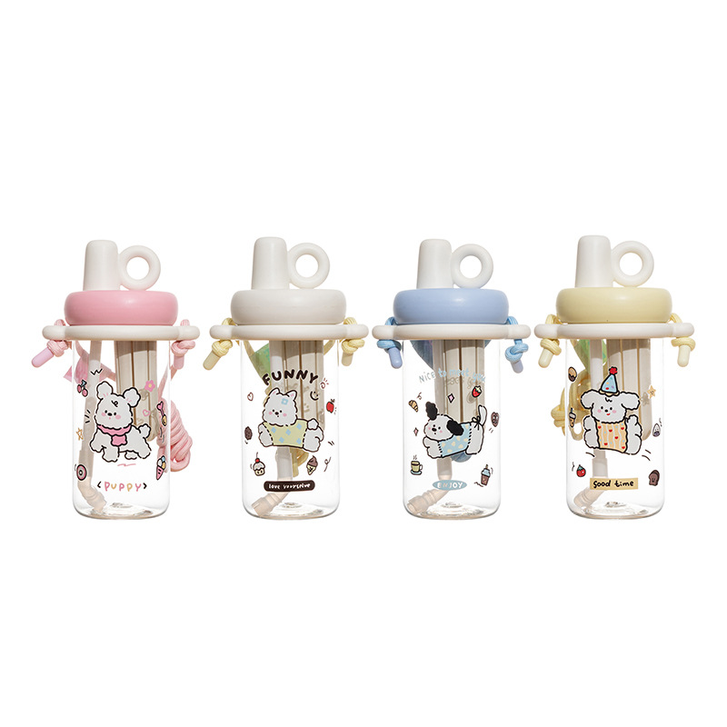 Cute and adorable drinking straw cup, cartoon dog, plastic water cup, girls' high school appearance level, summer crossbody children's portable cup Item Picture