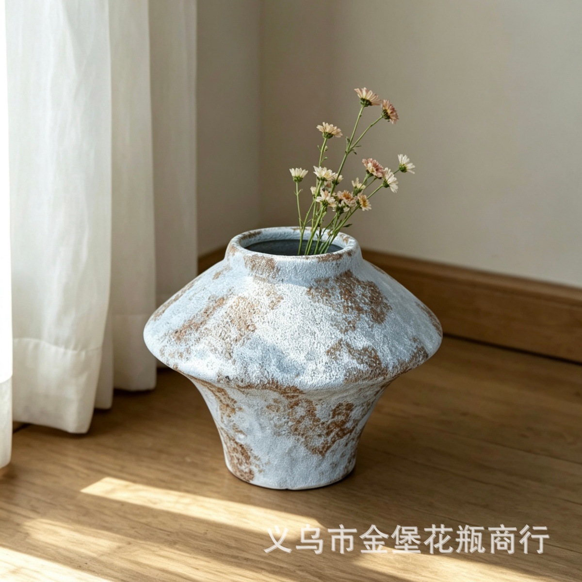 Wholesale vintage rough pottery vases: Light white aged glaze, round shape, suitable for Japanese style, wabi-sabi, Specification image