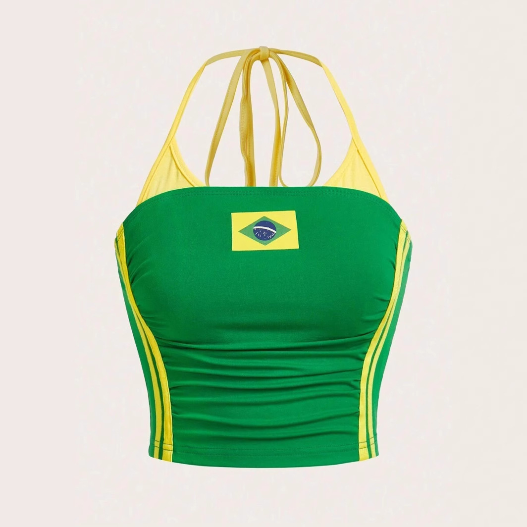 A new summer collection features a halter-neck Brazilian print slimming short crop top that exposes the navel and is sexy. It's a sleeveless fake two-piece tank top Specification drawing