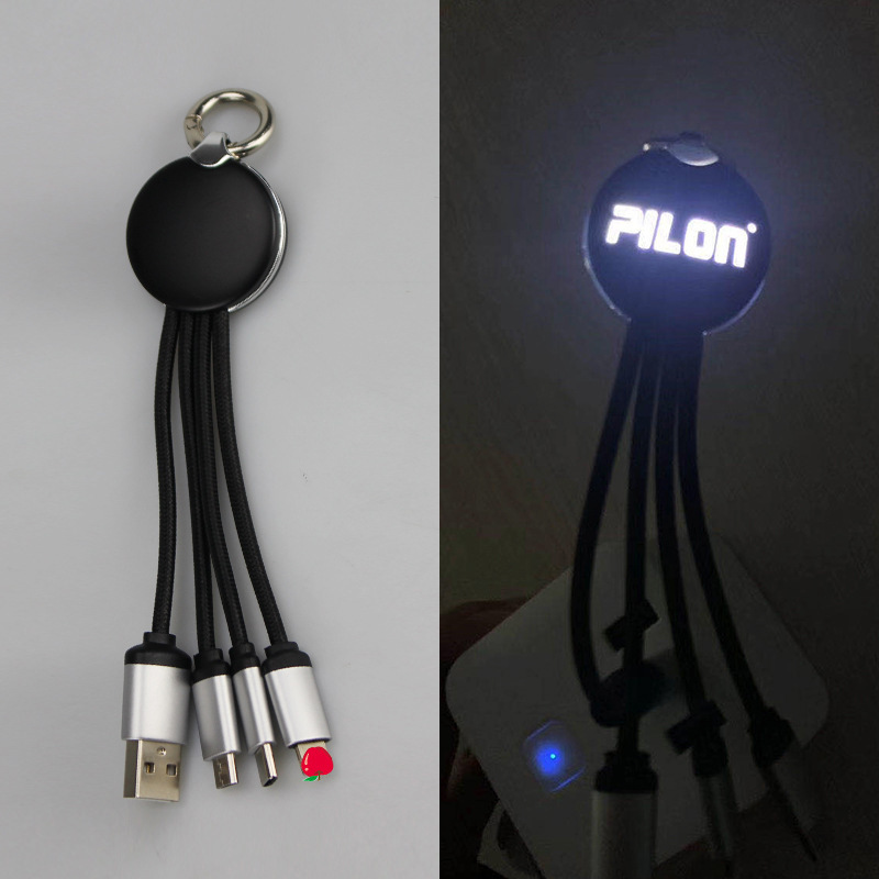 Design a three-in-one data cable with a luminous logo, a multi-functional business gift cable, a keychain, and a three-in-one charging cable Application Scenario