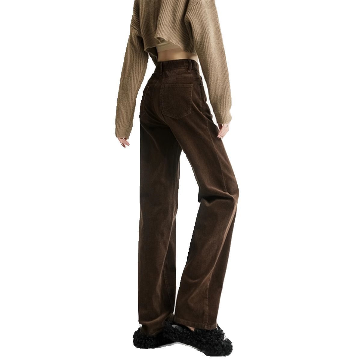 长裤版休闲条绒2025拉德窄棕色咖啡直筒年秋冬灯芯绒裤子女美阔腿白底实物图